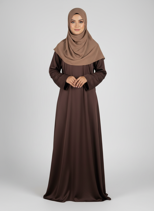 Brown Satin Crepe Abaya Cuffed Sleeve