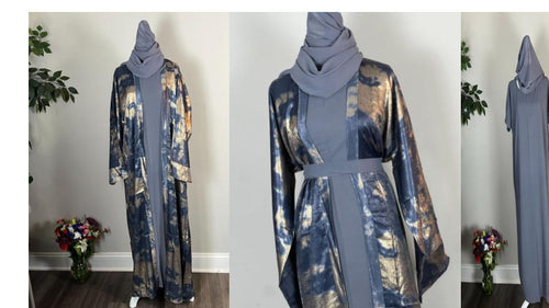 Blue & Purple Metallic Satin Open Abaya