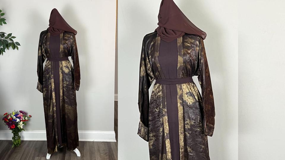 Brown Metallic Satin Open Abaya
