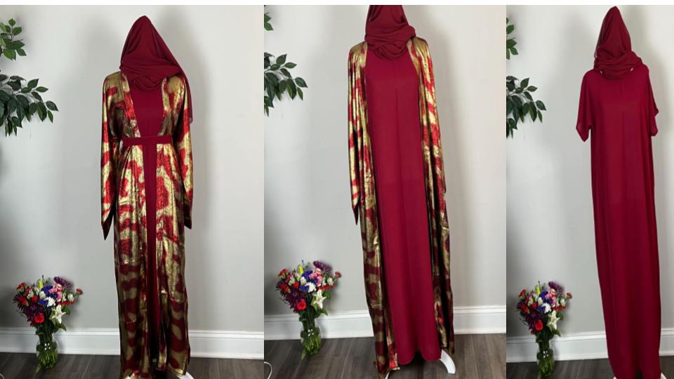 Red & Black Metallic Satin Open Abaya