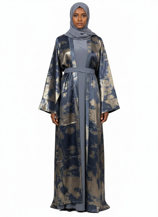 Blue & Purple Metallic Satin Open Abaya