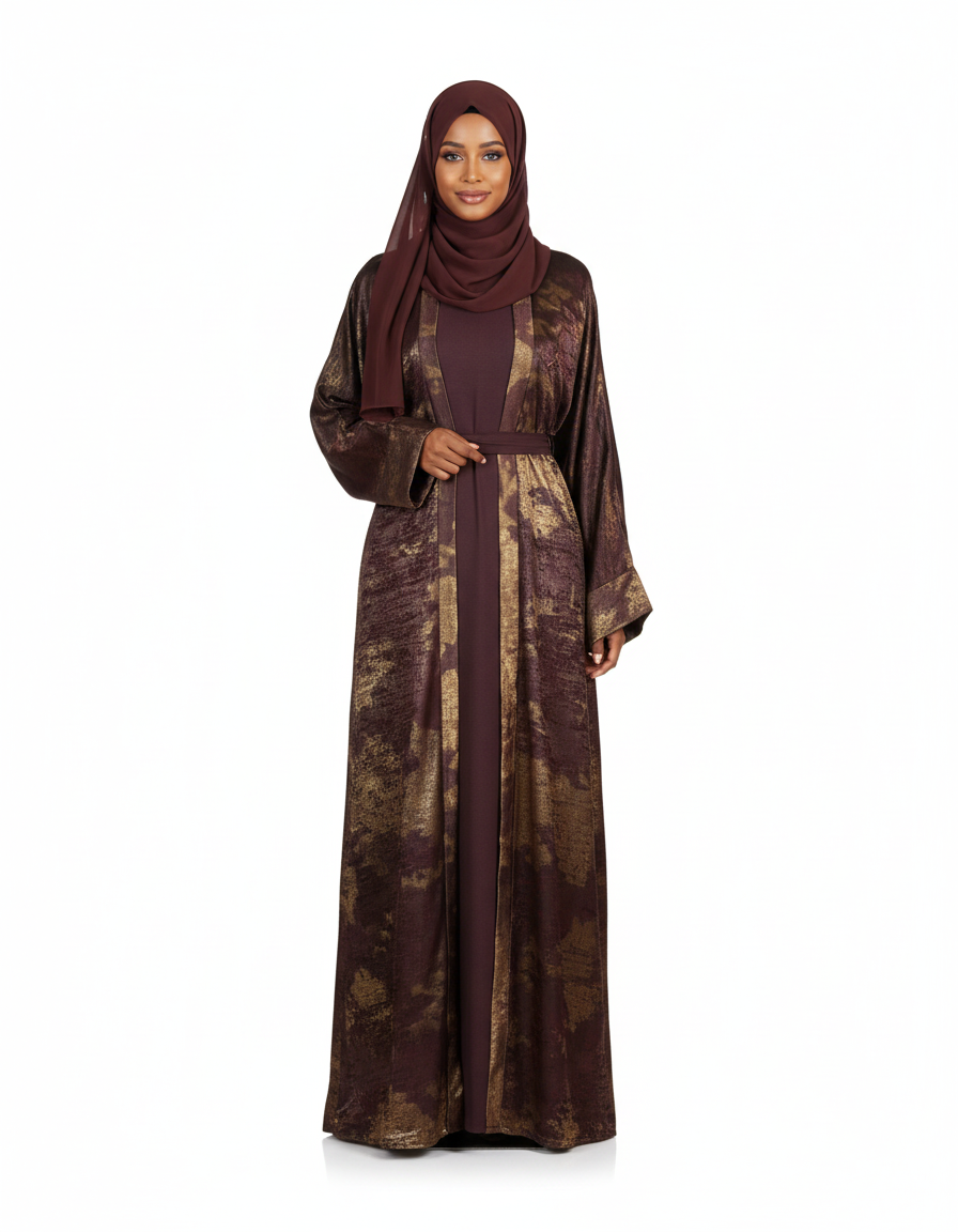 Brown Metallic Satin Open Abaya