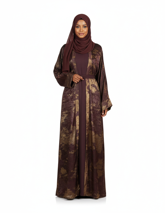 Brown Metallic Satin Open Abaya