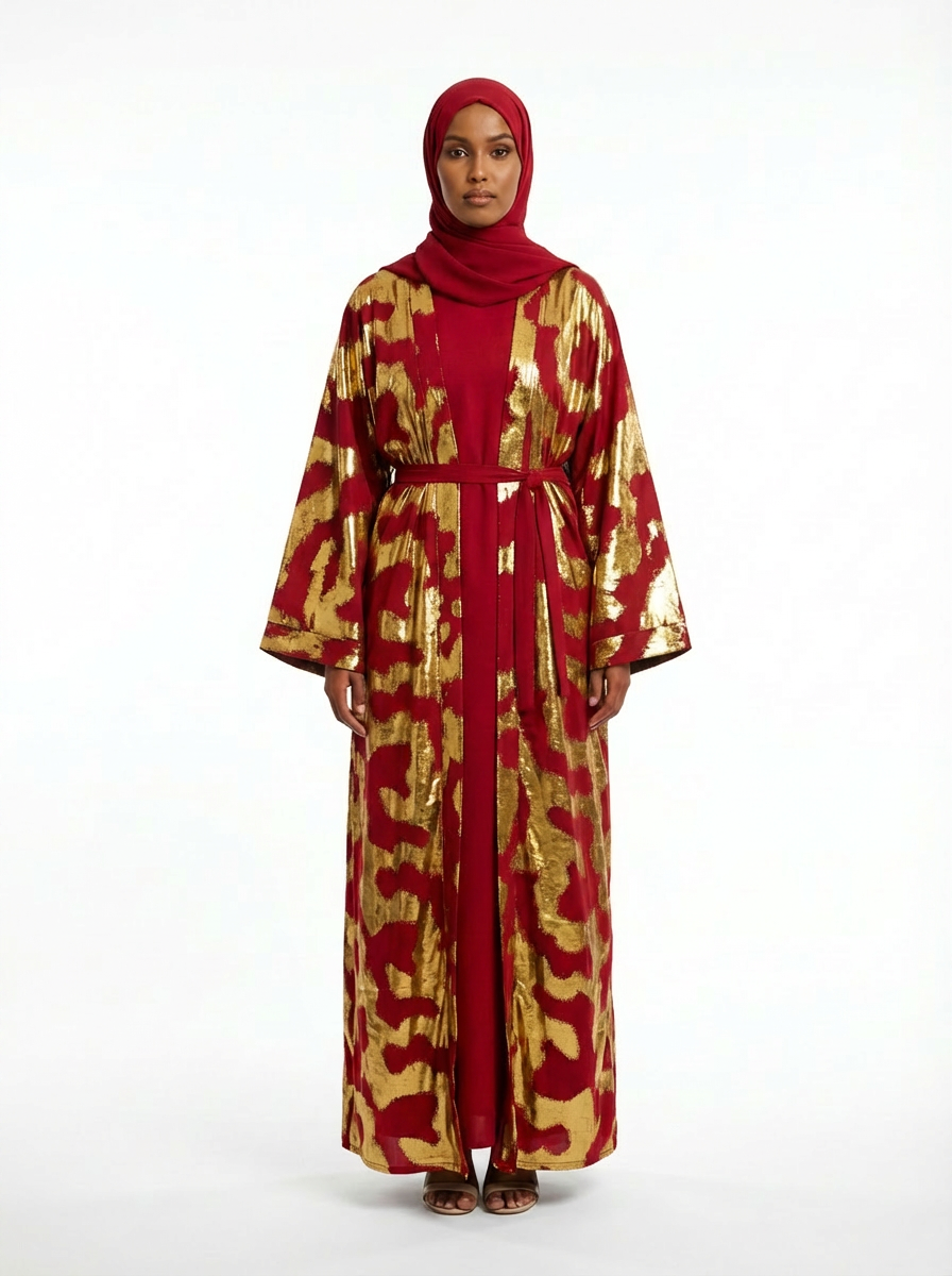 Red & Black Metallic Satin Open Abaya