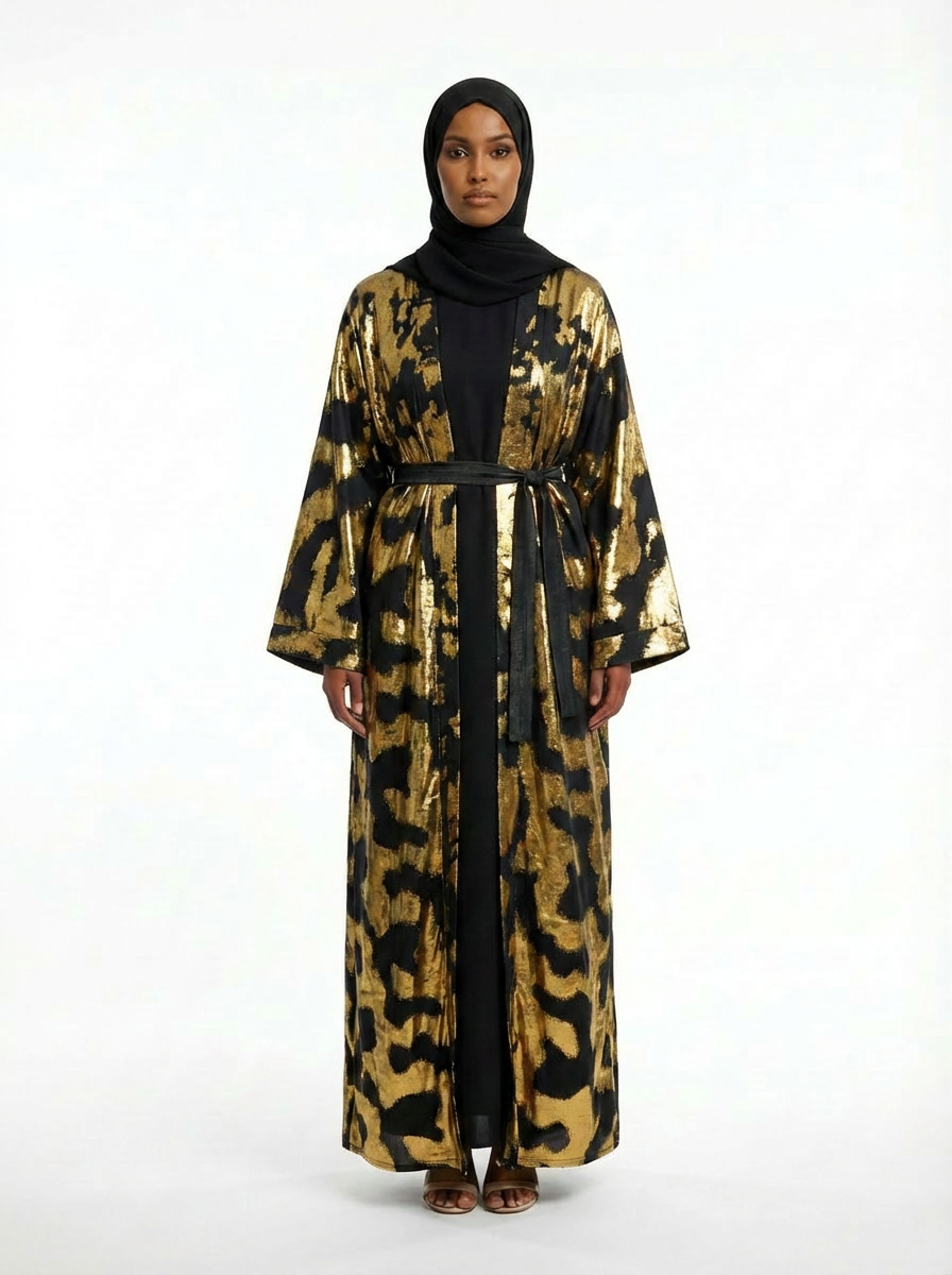 Red & Black Metallic Satin Open Abaya