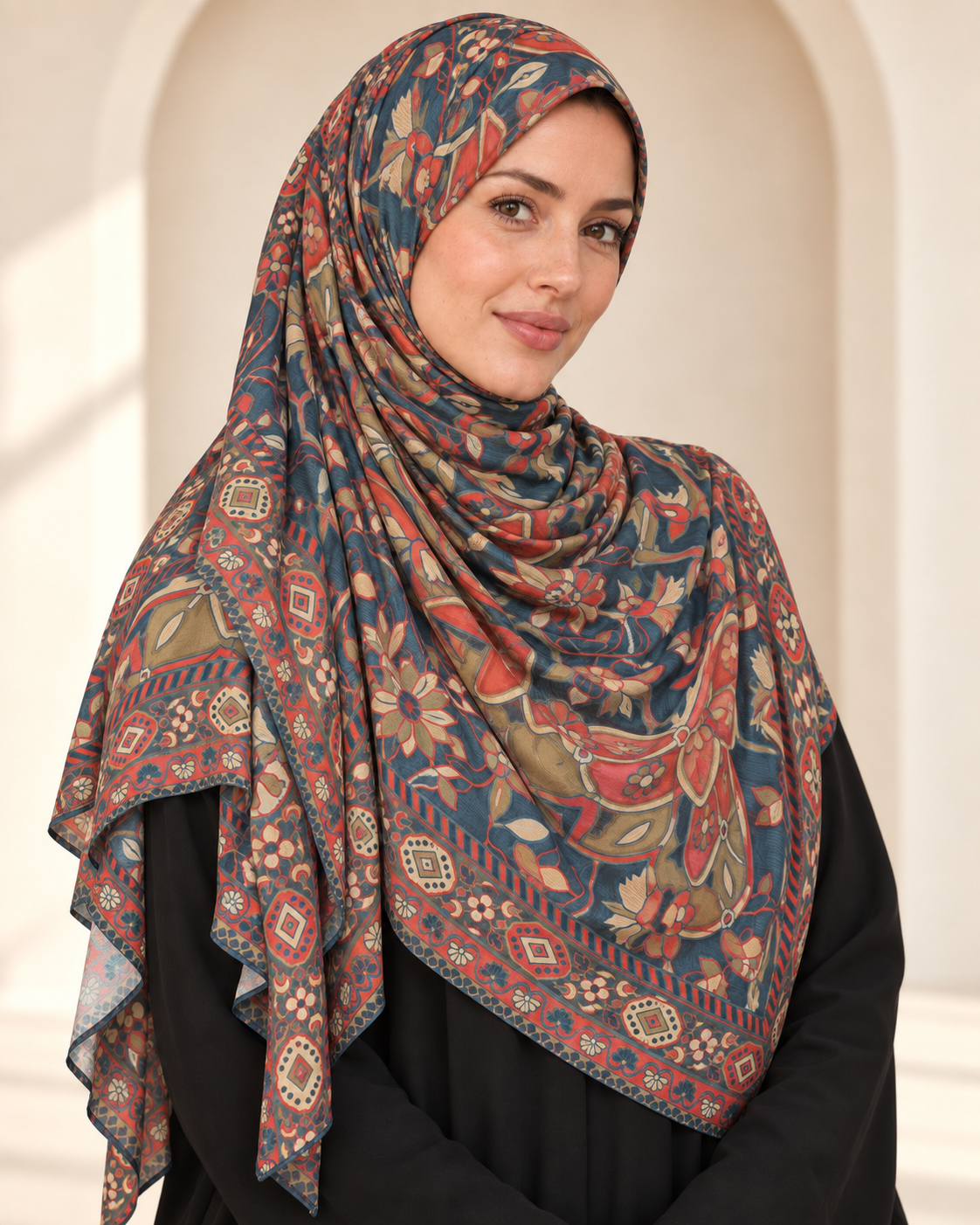 Premium Printed Jersey Hijab JP004 worn by a model