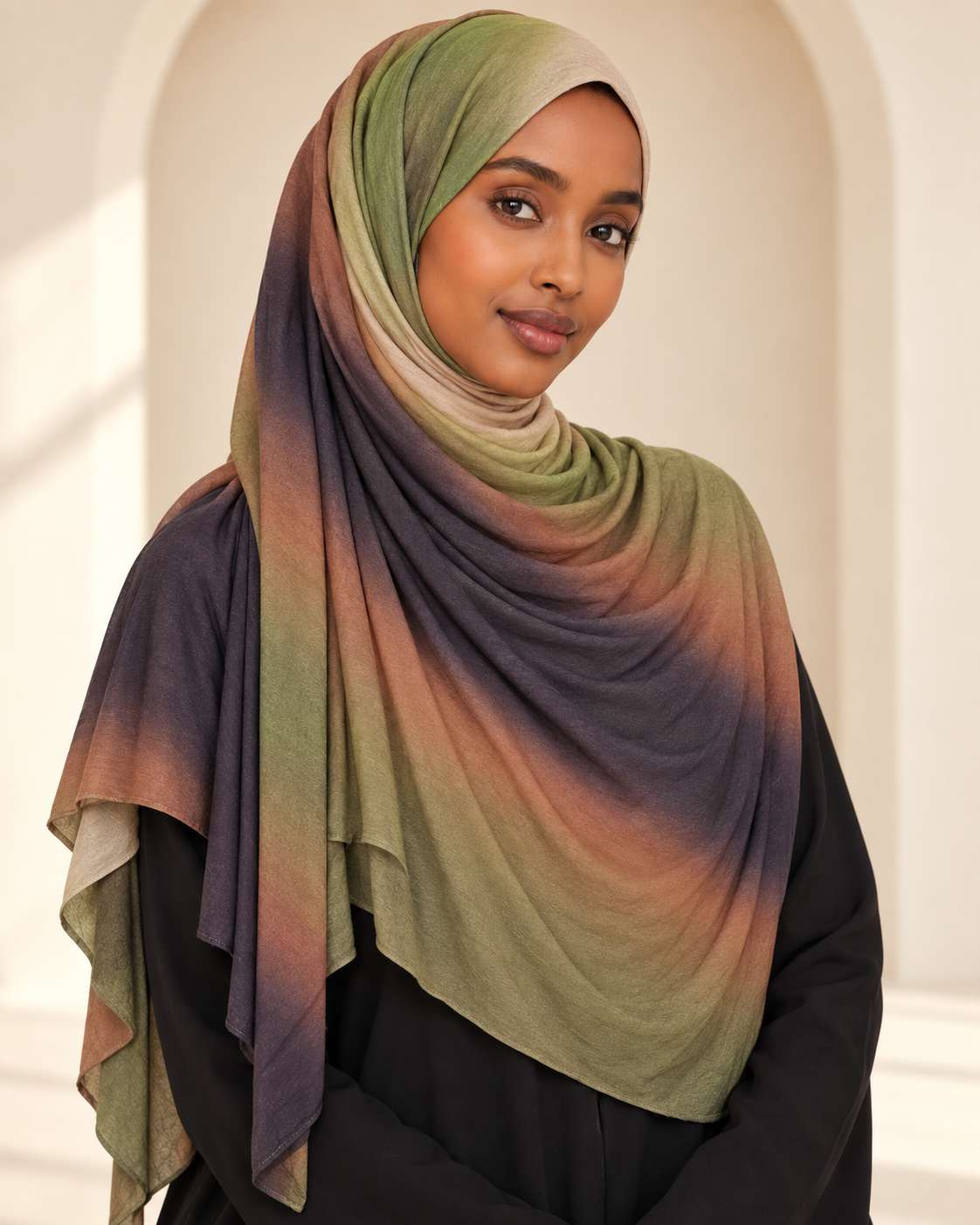 Premium Printed Jersey Hijab JP007 worn by a model