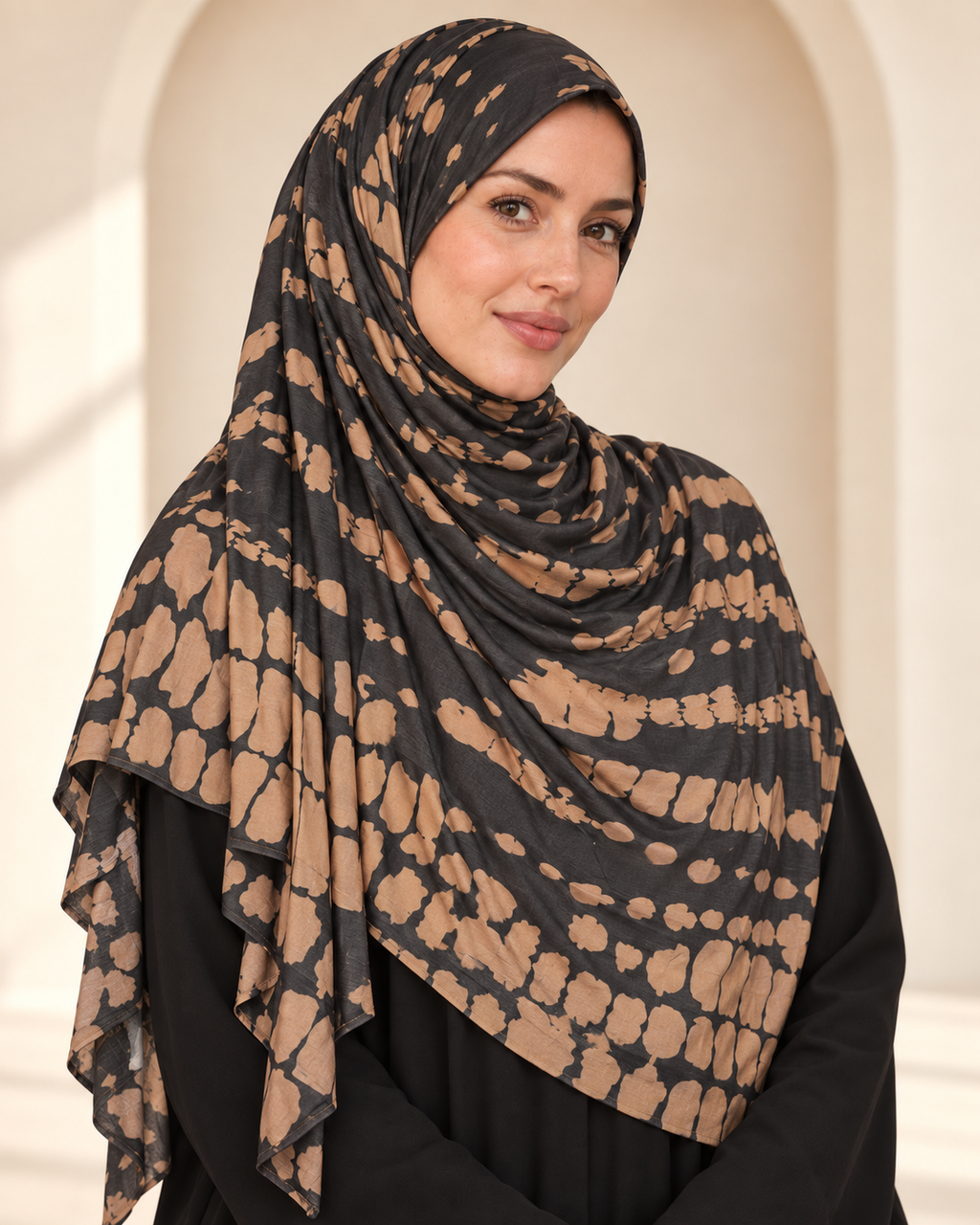 Premium Printed Jersey Hijab JP031 worn by a model
