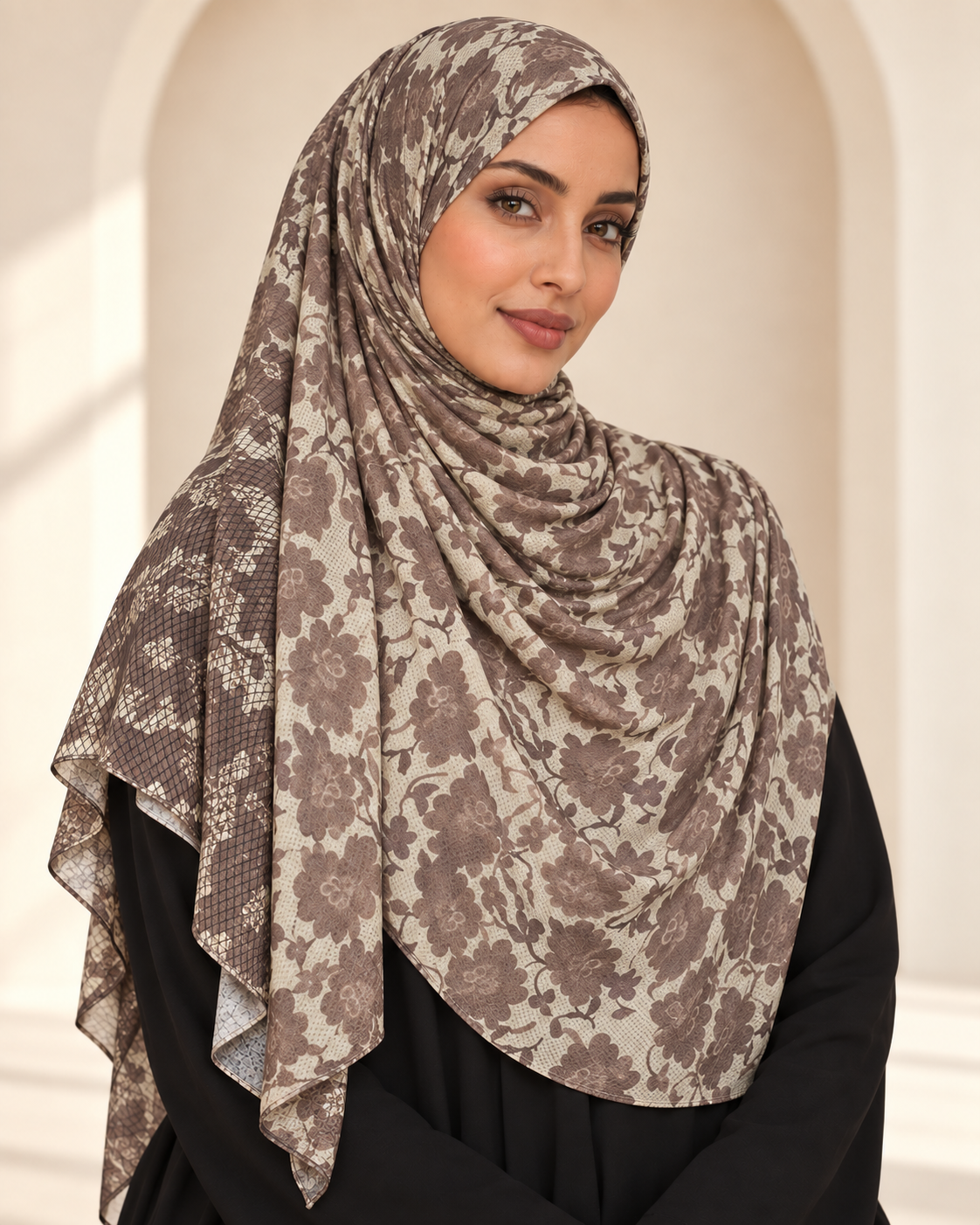 Premium Printed Jersey Hijab JP035 worn by a model