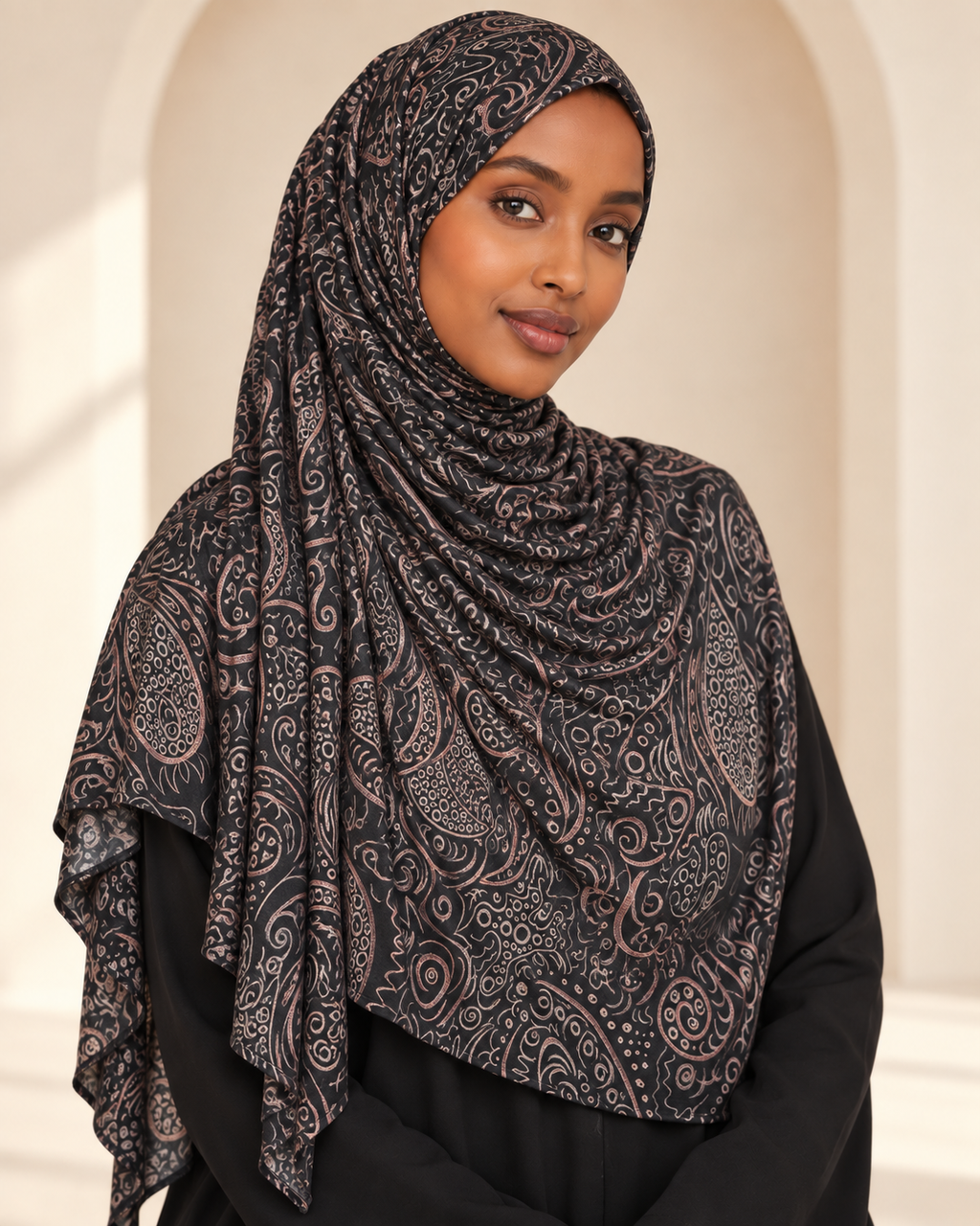 Premium Printed Jersey Hijab JP038 worn by a model