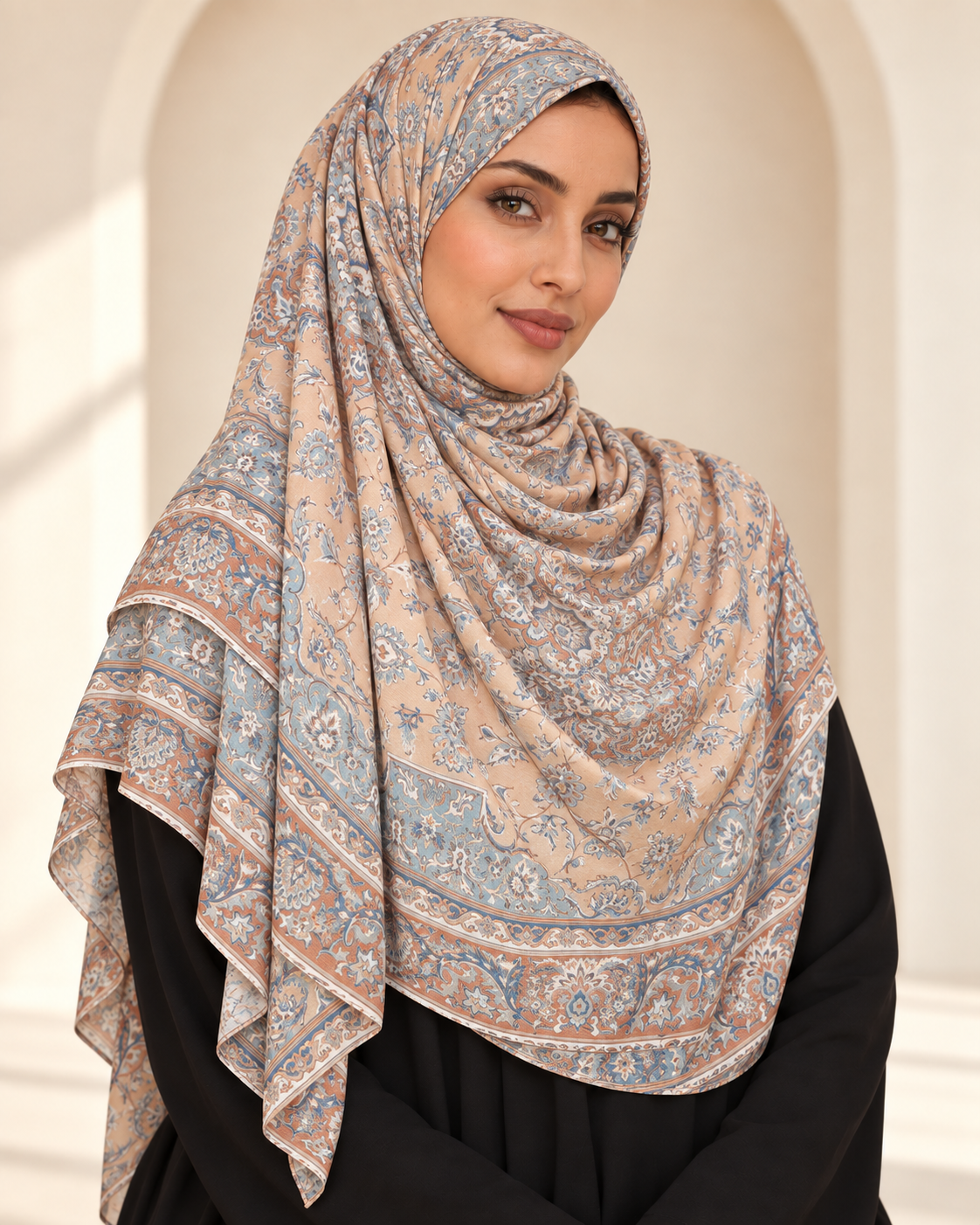 Premium Printed Jersey Hijab JP041 worn by a model