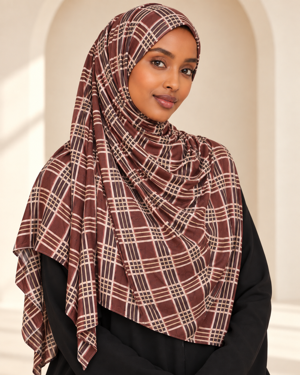 Premium Printed Jersey Hijab JP042 worn by a model