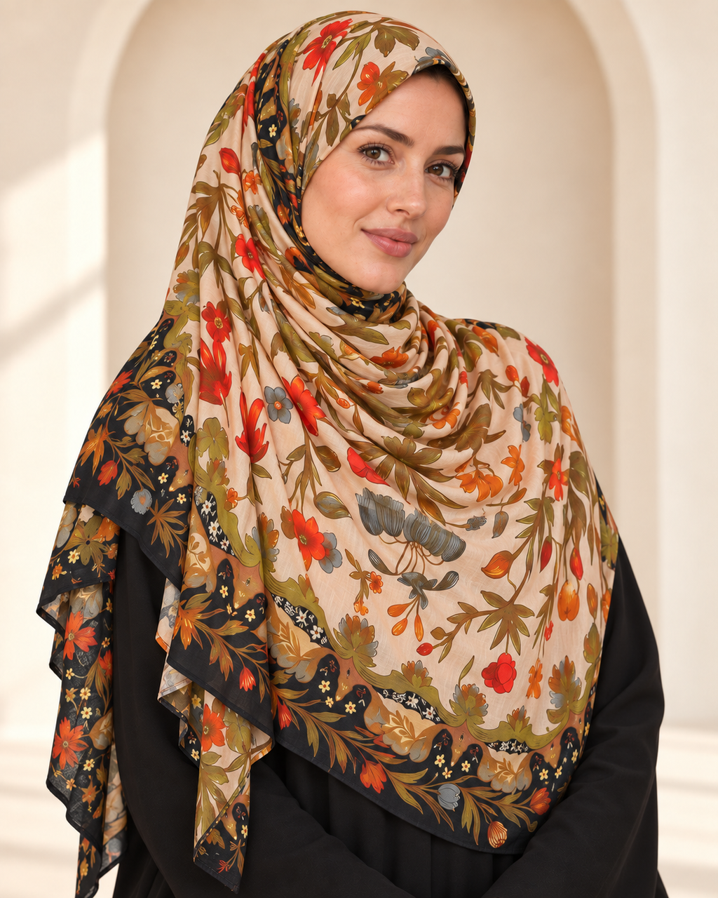 Premium Printed Jersey Hijab PJ063 worn by a model