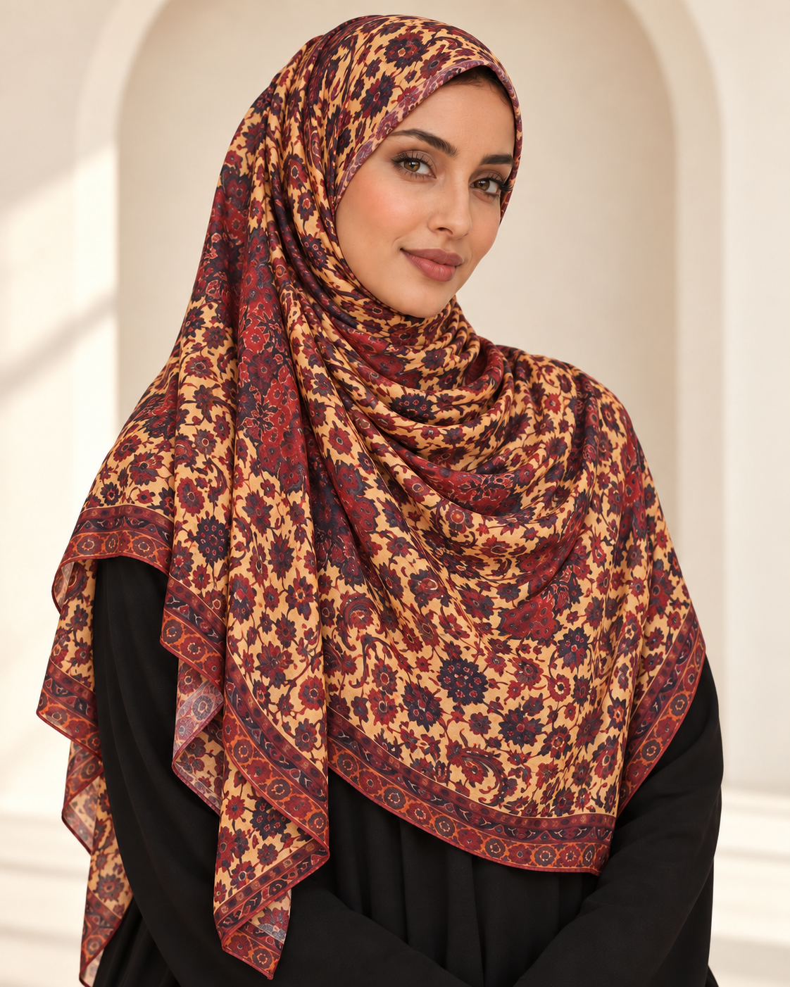 Premium Printed Jersey Hijab PJ065 worn by a model