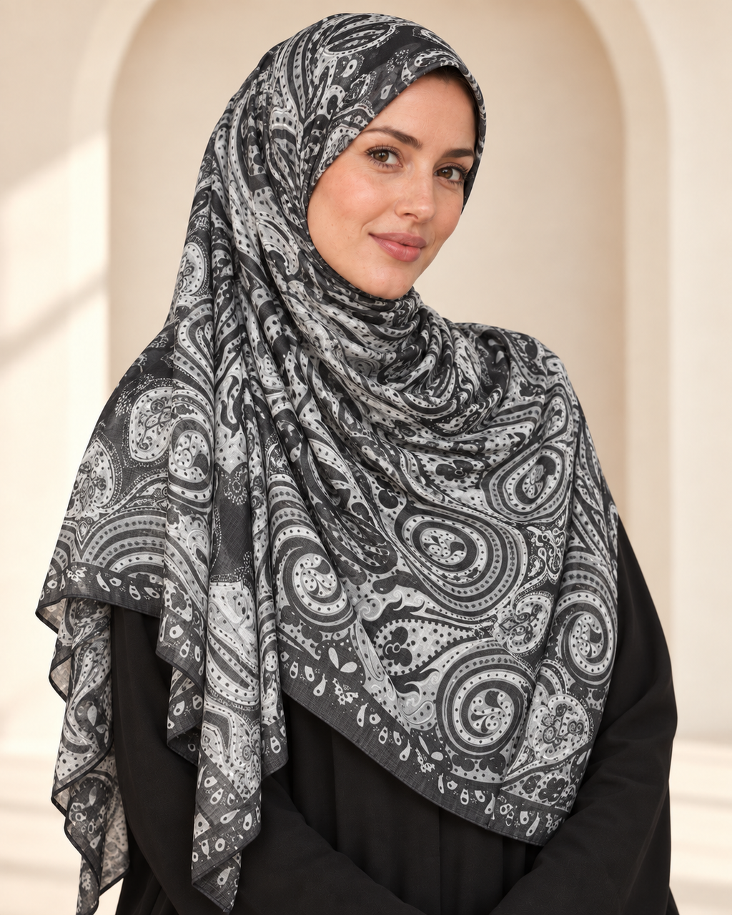 Premium Printed Modal Hijab VI173 worn by a model