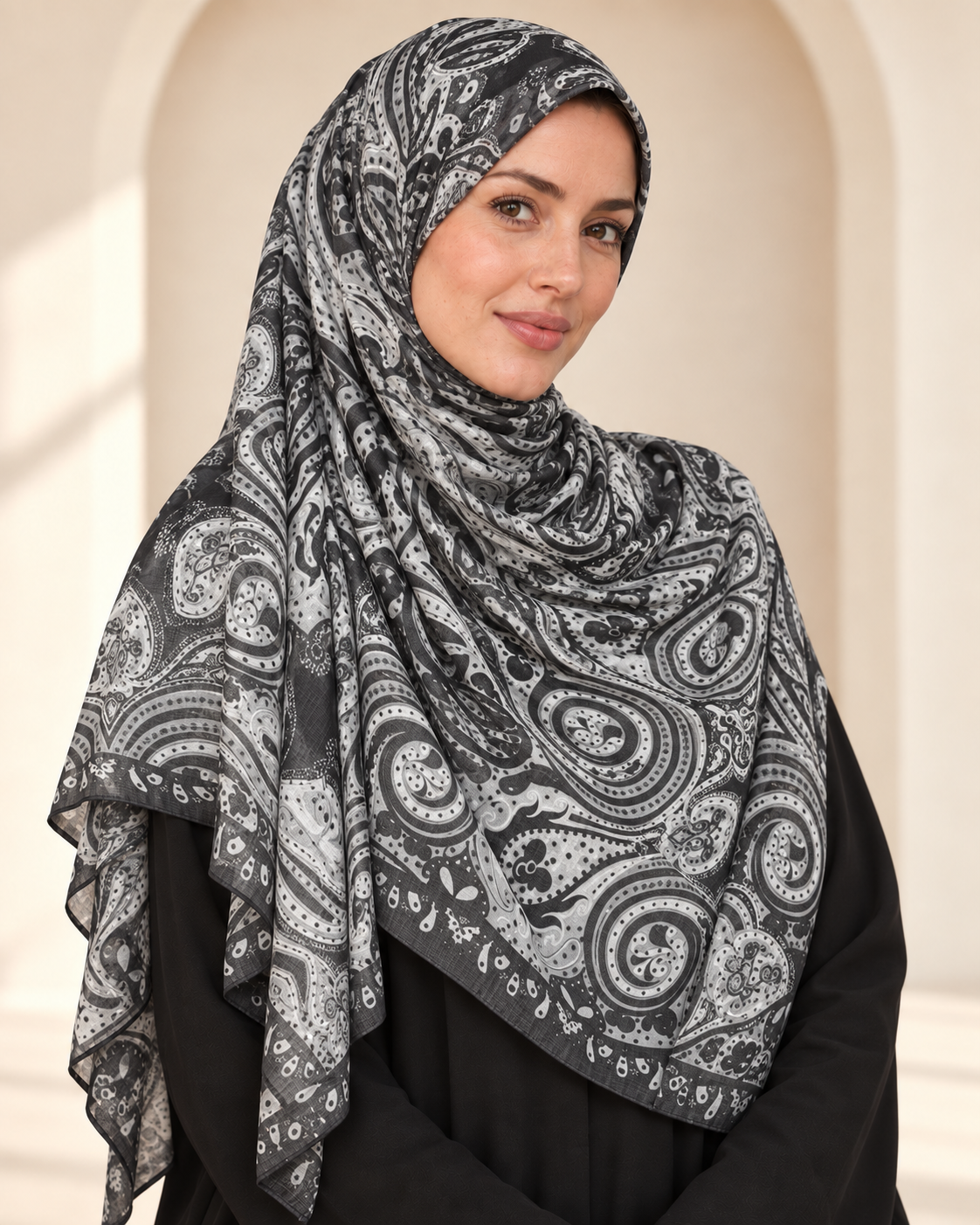 Premium Printed Modal Hijab VI173 worn by a model