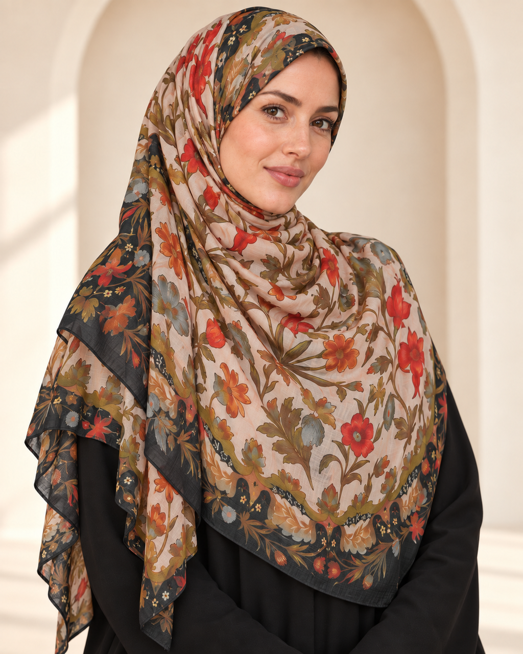 Premium Printed Modal Hijab VI355 worn by a model