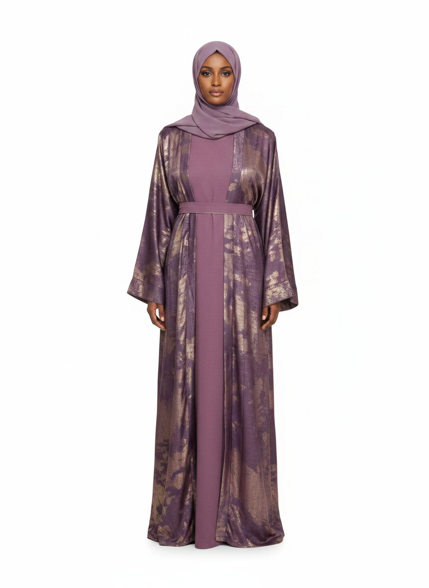 Blue & Purple Metallic Satin Open Abaya